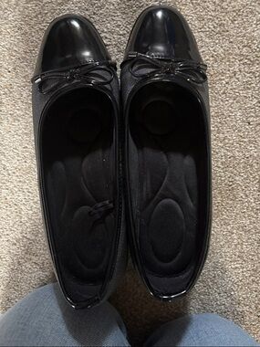 Black Ballet Flats with Patent Toe and Bow